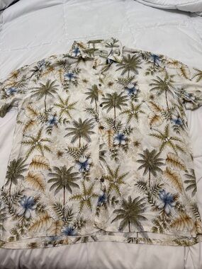 Men's Tropical Short-Sleeve Button-Down Shirt - White with Green & Blue